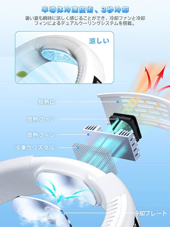 ネッククーラー 首掛け扇風機 2023 ネックファン 軽量 瞬間冷却 羽根なし 携帯扇風機 冷却プレート付き 風量3段階調節の画像4