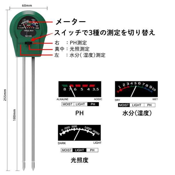 土壌 酸度計 水分 測定器 PH 湿度 テスター 家庭菜園 農業 光 植物 野菜_画像3