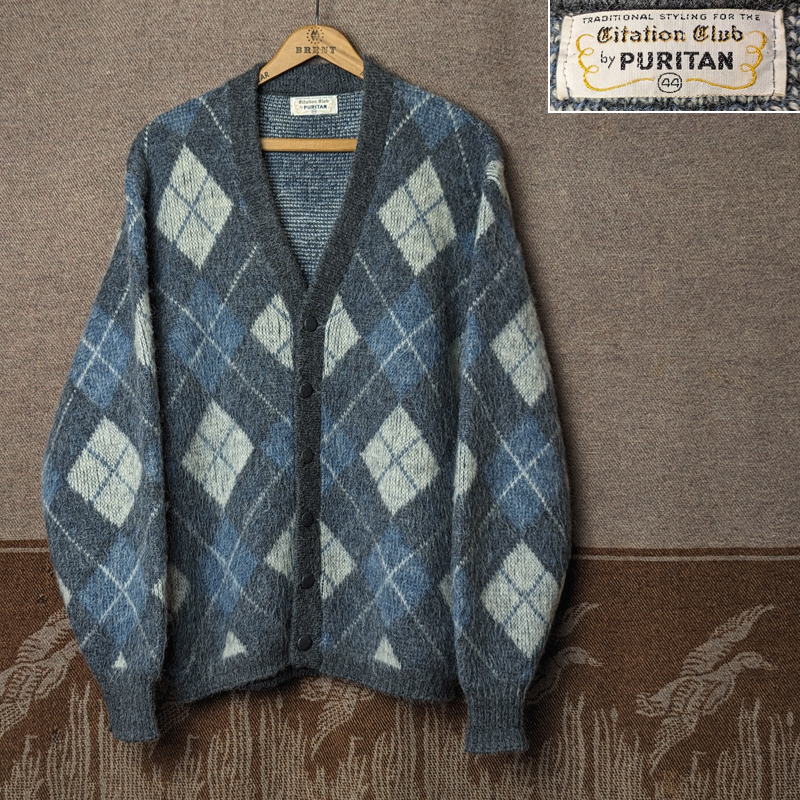 アーガイル柄 モヘア 【PURITAN】 60s Argyle Mohair Cardigan / 60年代 カーディガン ウール ニット 毛足長 グランジ ビンテージ 50s70s