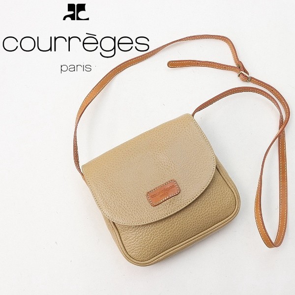  Vintage *Courreges Courreges кожа наклонный .. Mini сумка на плечо бежевый × Camel 