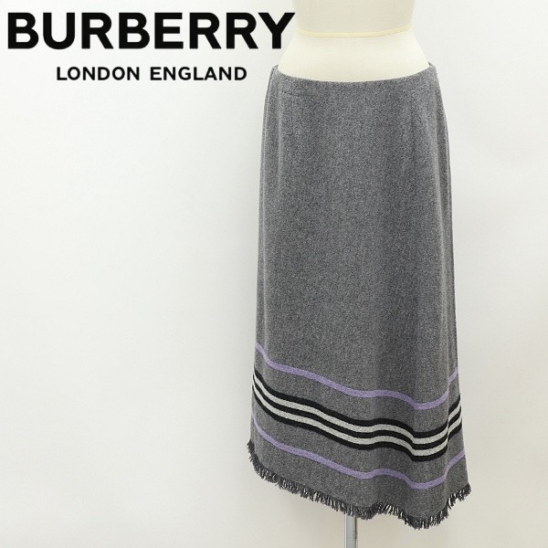 国内正規品◆BURBERRY LONDON バーバリー ロンドン アンゴラ混 ウール アシンメトリー フリンジ ロング スカート グレー 42_画像1