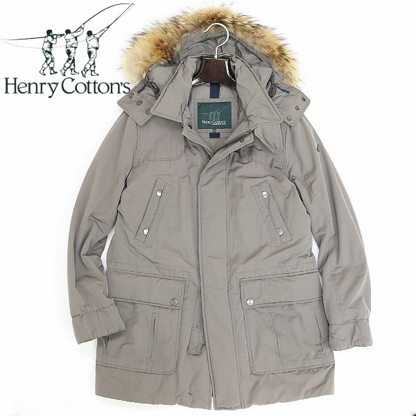 ◆Henry Cotton's ヘンリーコットンズ ラクーンファー フーデット 中綿 コート グレー 46
