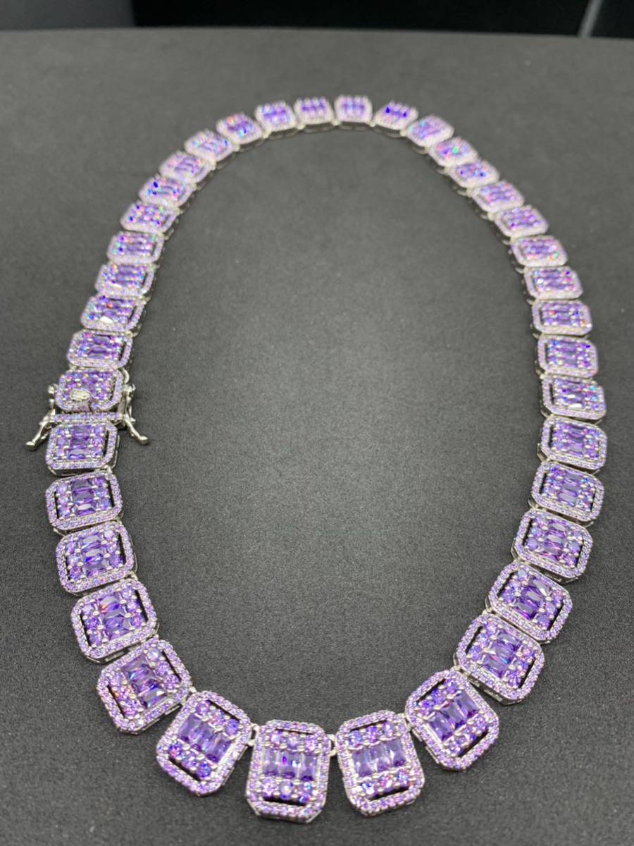 パープル 紫 スクエア型 ジルコニア ダイヤ ブリンブリン ネックレス チェーン_画像3