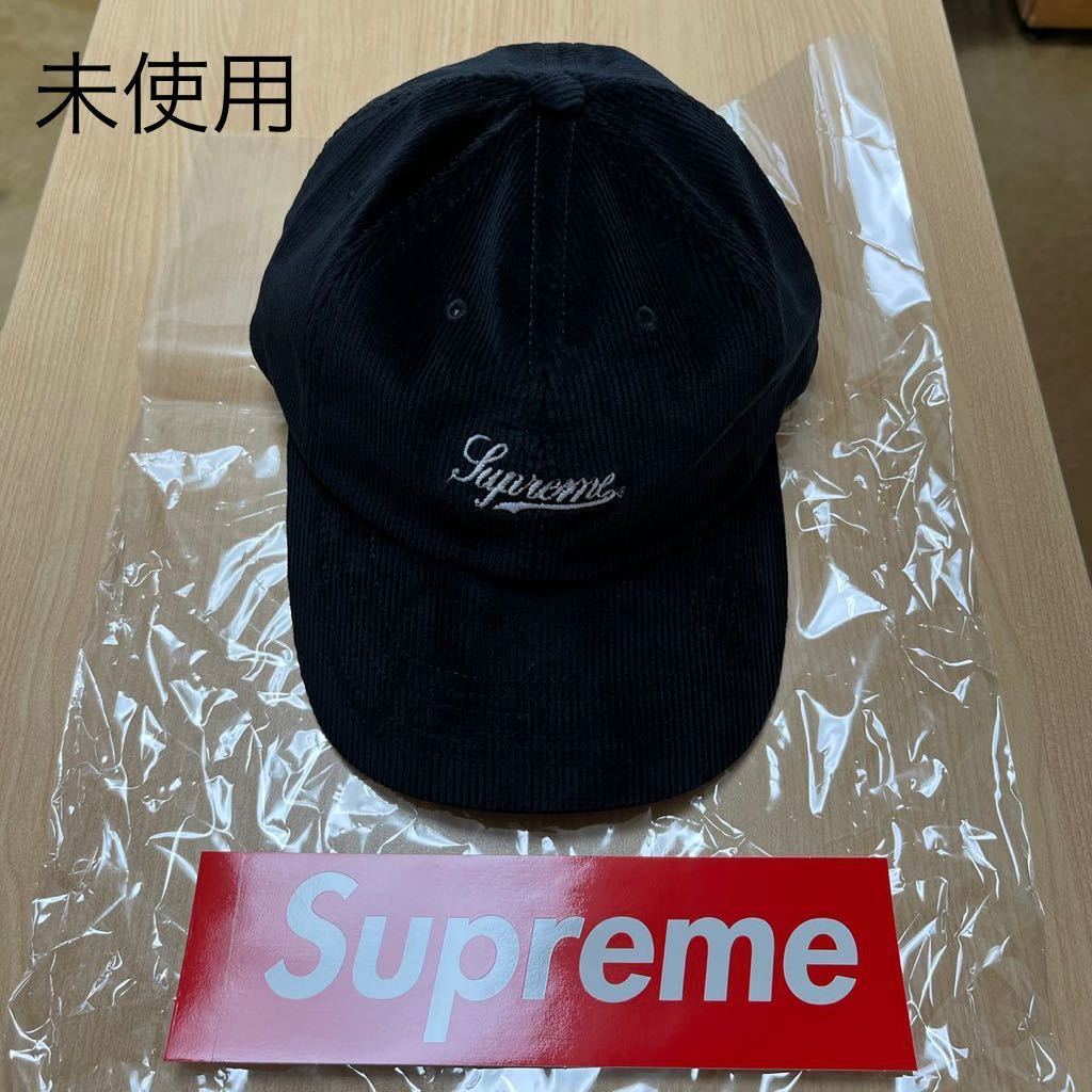 未使用 22fw Supreme Script Corduroy 6-Panel Black タグ、ステッカー付き Supreme Online 購入 シュプリーム キャップ_画像2