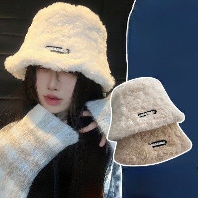 ホワイト　バケットハット　もこもこ　レディース　帽子　フェイクファー　防寒　小物　 韓国　 ハット　白　可愛い