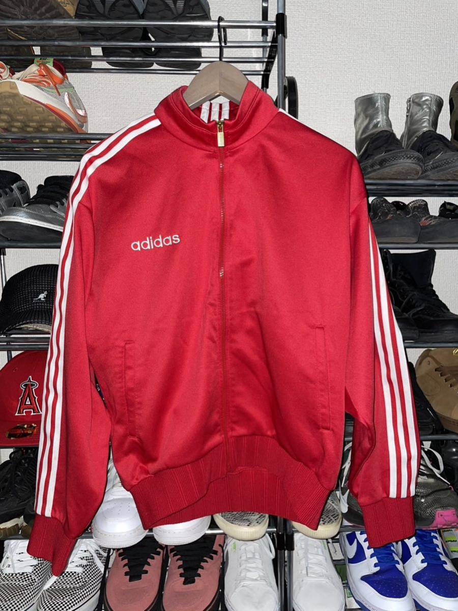 ゆるだぼ デサント製 90s 日本製 アディダス 3本ライン トラックジャケット L 赤 レッド オールド adidas 3本線 ジャージ  ビッグシルエット