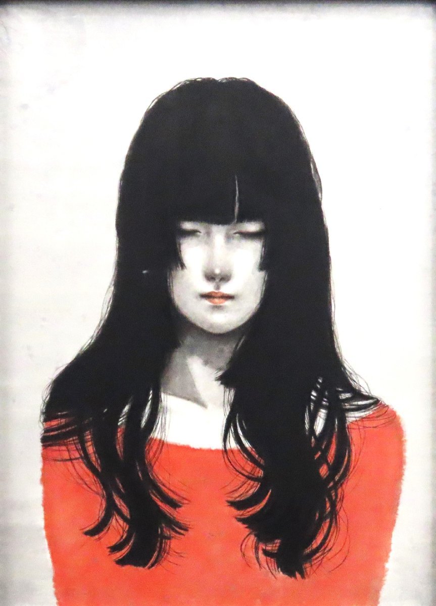  thing thought ... adult .. expression. young lady ... did long gloss ... black .. wonderful.. Japanese picture author un- details [ woman image ] 44.5cm×32.5cm [ regular light ..]