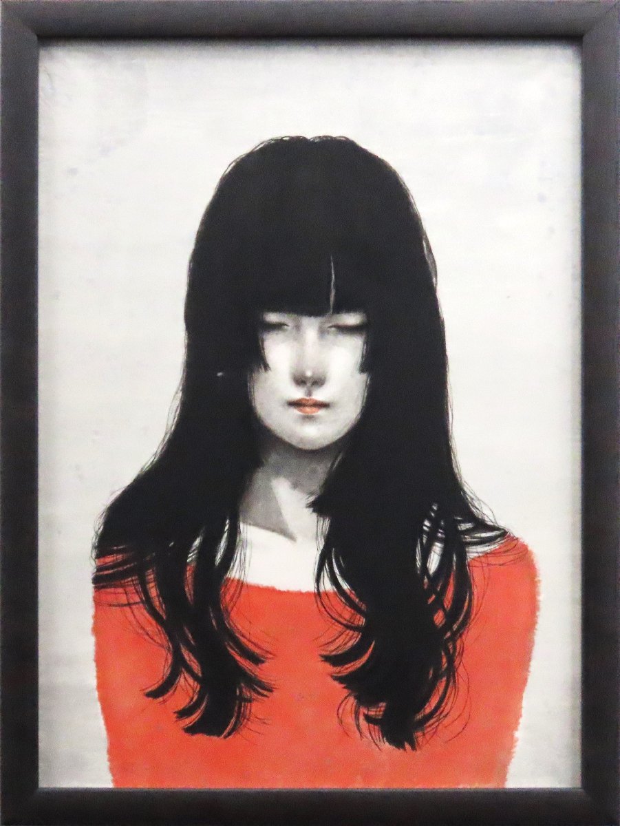 早割クーポン！ 物思いに耽る大人びた表情の少女を描きました長い艶やかな黒髪も素敵です。 日本画　　作者不詳「女性像」　44.5cm×32.5cm 【正光画廊】 人物、菩薩