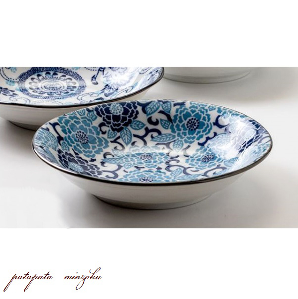 みのる陶器 紺青 冬牡丹 20.5cm プレート 深皿 軽量 8インチクープ 美濃焼 磁器 陶器 和食 和食器_画像1