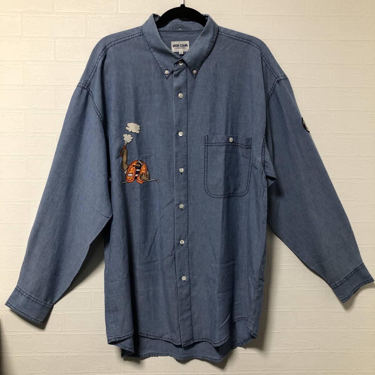 SINACOVA シナコバ 高級レーヨン100% デニム風ボタンダウンシャツ BDシャツ 刺繍ワッペン オーバーサイズ ビッグシルエット マリン LL XL_画像3