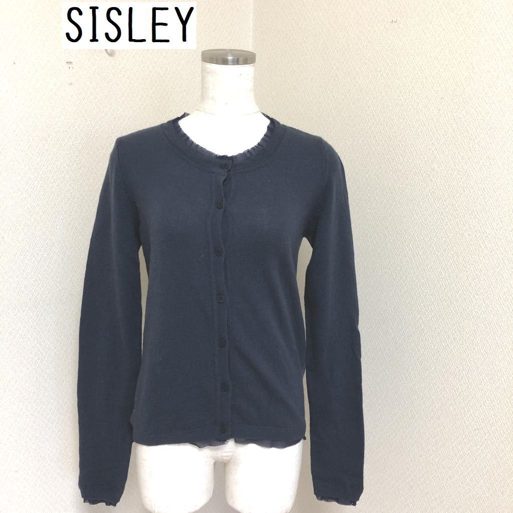 sisley　シスレー　洗える　ニットカーディガン　クルーネック　シフォンフリル　ネイビー　XS_画像1