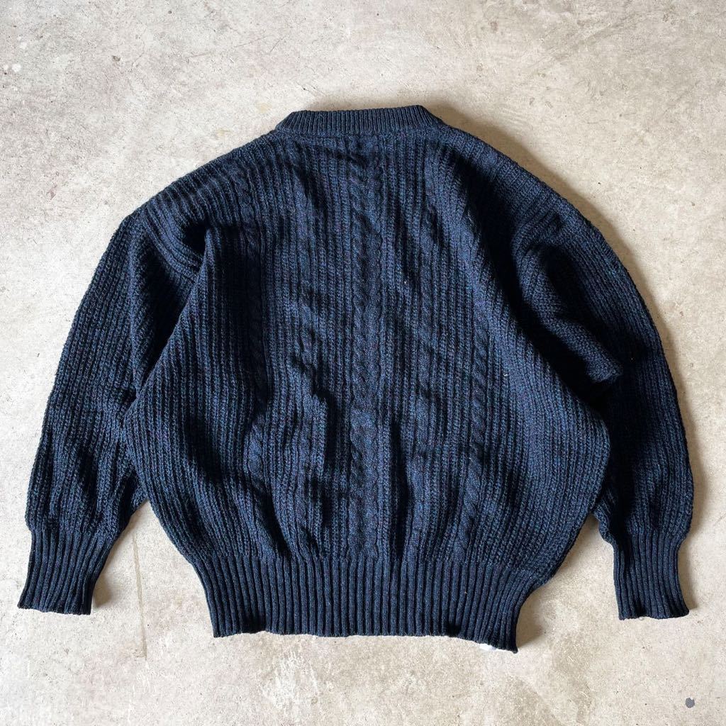 ヴィンテージ スコットランド製 PURE WOOL 100% ケーブル編み ニット 3 ネイビー フィッシャーマン バットウィング袖 セーター 古着_画像4