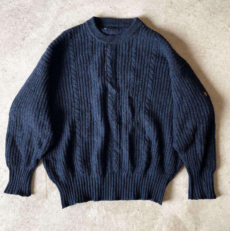 ヴィンテージ スコットランド製 PURE WOOL 100% ケーブル編み ニット 3 ネイビー フィッシャーマン バットウィング袖 セーター 古着_画像2