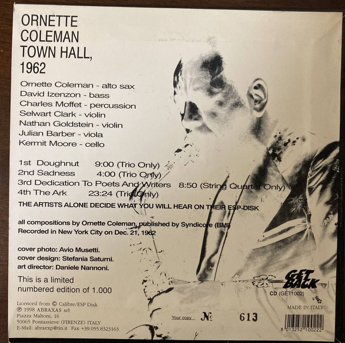 Italy盤CD Ornette Coleman [Town Hall,1962] オーネット・コールマン タウンホール１９６２ 紙ジャケ_画像2