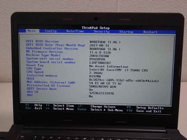 T12927 Lenovo ThinkPad E470 Corei7-7500U/8GB/ストレージ無 BIOS確認済_画像2