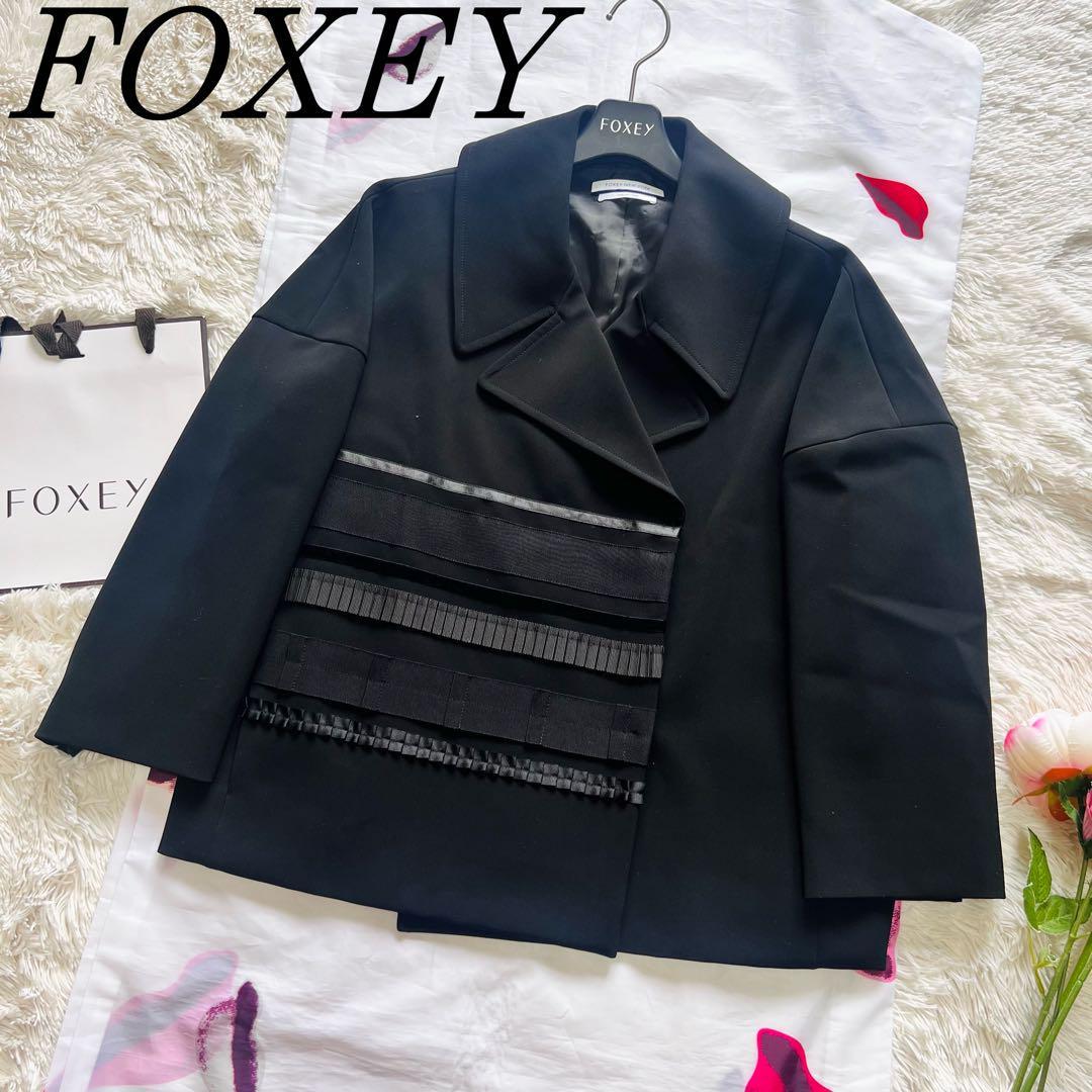 【美品】FOXEY NEW YORK ビッグジャケット ブラック ミドル丈 42 フォクシーニューヨーク L 黒 スプリングコート