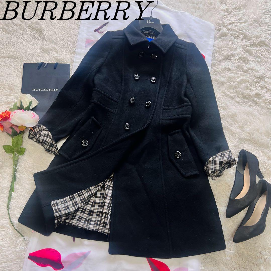 【良品】BURBERRY BLUE LABEL ロングコート ブラック 38 バーバリーブルーレーベル M 黒 ダブルボタン ノバチェック