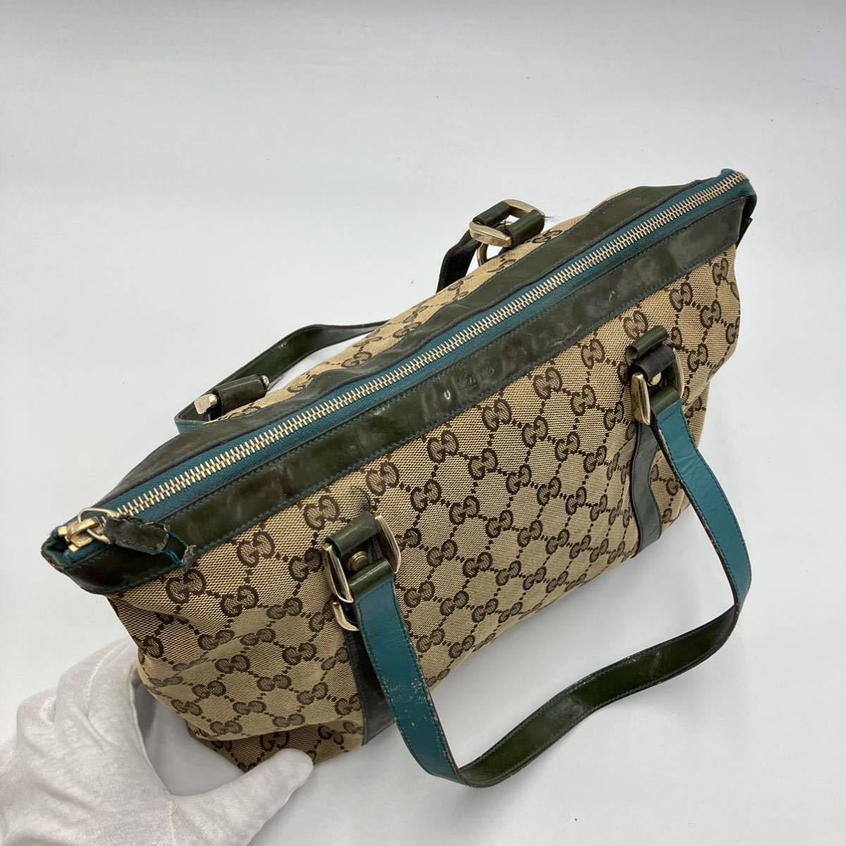 1円【希少色】GUCCI グッチ トートバッグ ハンド ショルダー GGキャンバス 総柄 肩掛け レディース ビジネス オールド ブラウン グリーン_画像7