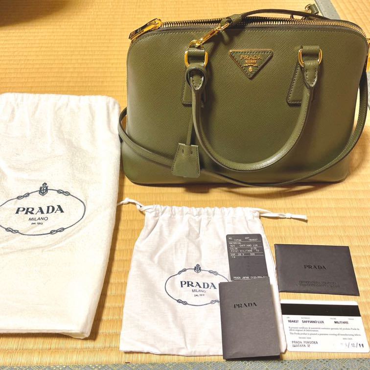 PRADA＊保証書付き極美品＊SAFFIANO LUX サフィアーノ ショルダー ハンドバッグ MILITARE オリーブグリーン カーキ×ゴールド 1BA837_画像10