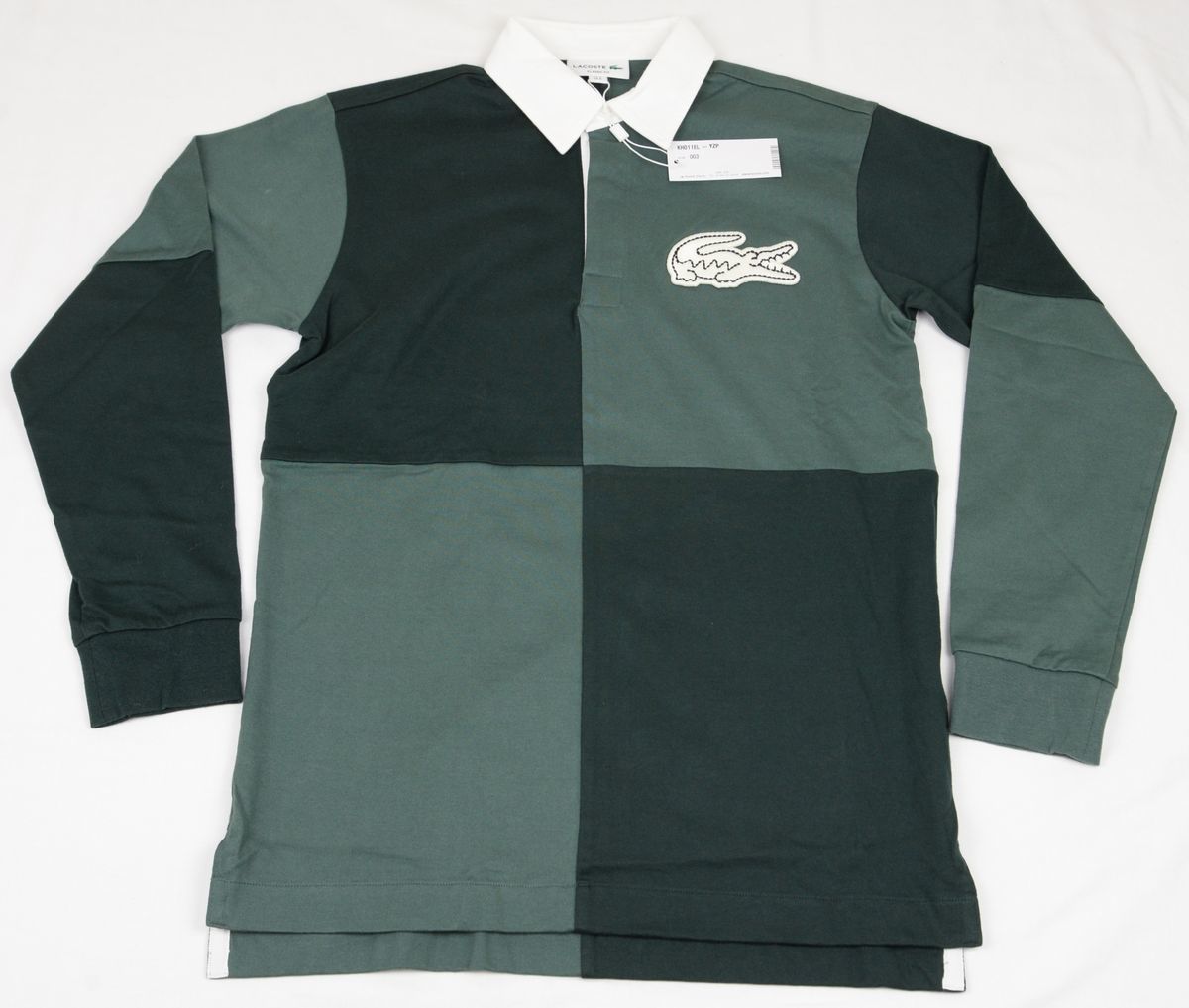 ●LACOSTEラコステ カラーブロックラガーシャツ 長袖ポロシャツ(濃淡グリーン,3(US-S)(JP-M))新品