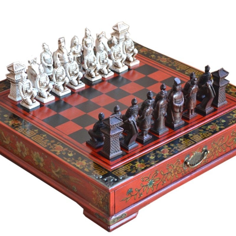 最終値下げ クラシック中国テラコッタ戦士木製チェス盤パズル チェス