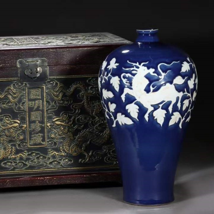 元時代 祭藍 瑞獣紋梅瓶 箱付き 唐物 陶磁器 中国美術 工芸品 高さ44cm 直径23.5cm CG14