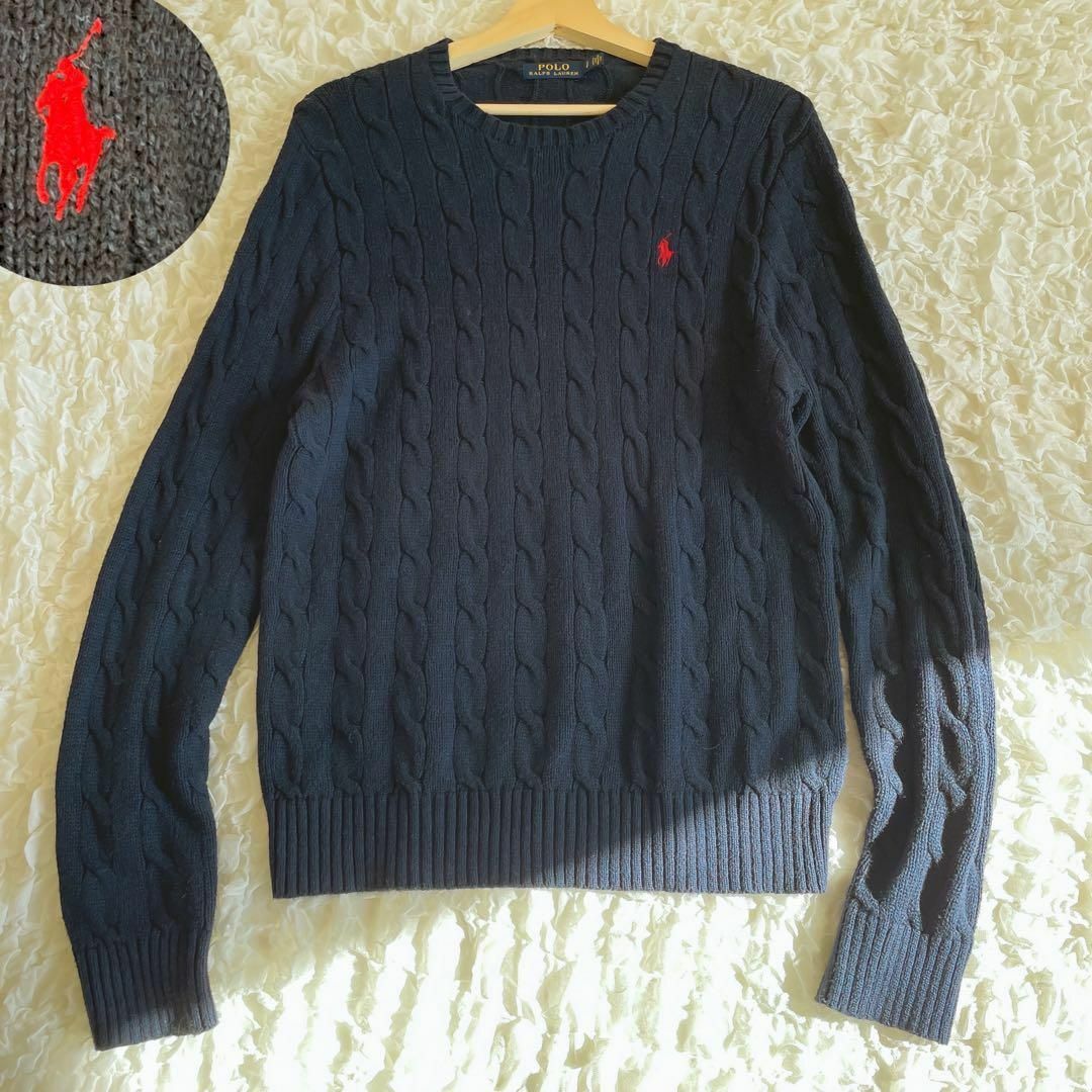 POLO RALPH LAUREN　ポロラルフローレン　クルーネックケーブル　コットンニットセーター　ネイビー　サイズSP　M～L相当_画像1