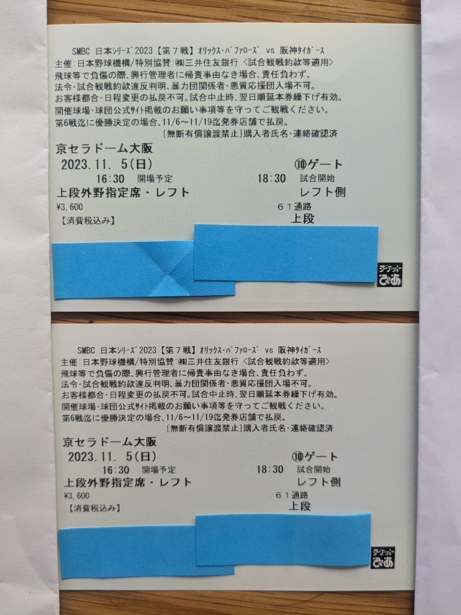 SMBC 日本シリーズ 2023 第7戦　2023/11/5(日)　〜2連番 ペア〜　上段外野指定席・レフト　阪神側　京セラドーム大阪_画像2