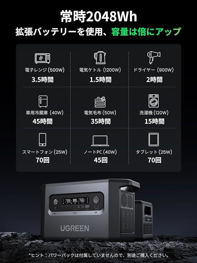 UGREEN ポータブル電源 2000W/2048Wh 3000W出力 拡張バッテリー対応 10年以上寿命 蓄電池　【送料込み】_画像3