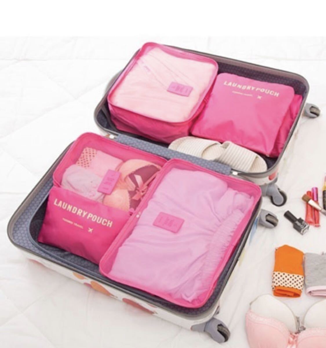 トラベルポーチ6点セットBB671旅行 荷物整理に大活躍 ピンク色のバッグインバッグ シンプル可愛い便利インナーバッグ 袋_画像5