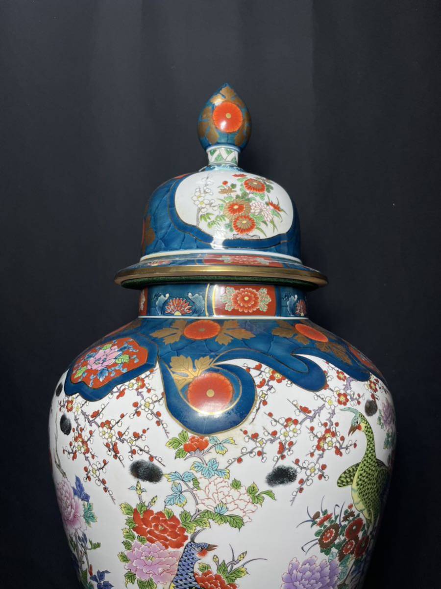 金龍窯 博山作 大壺 飾り壺 大きい壺 花瓶 色絵花鳥 3段壺 H:約 金龍窯 博山作 大壺 飾り壺 大きい壺 花瓶 色絵花鳥 3段壺 H:約