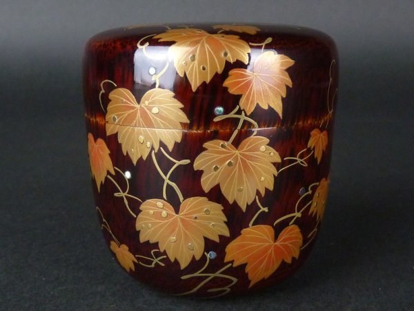 白玉】70 清水一義「輪島塗つた蒔絵棗」螺鈿細工入共箱幅約6.5cm 高さ