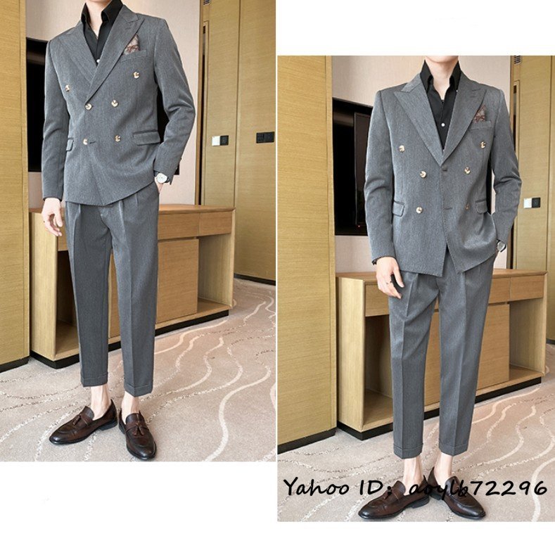 新品■スーツセット ビジネススーツ メンズ ダブルスーツ 上下セット シングルスーツ 高級 無地 スリム 二つボタン 紳士 結婚式 グレー M_画像6