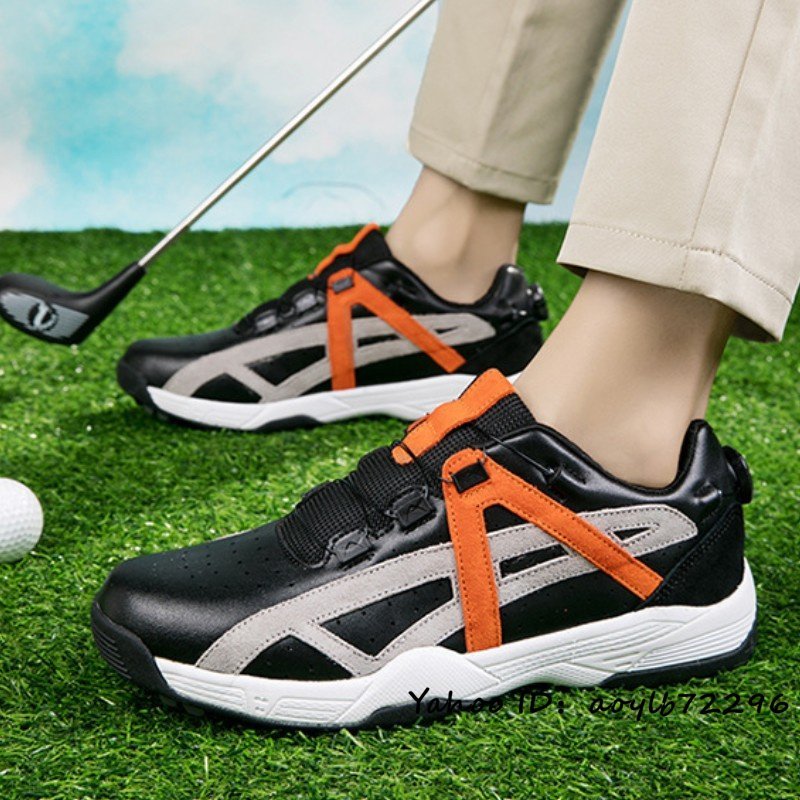 最高級 ゴルフシューズ 新品 メンズ ダイヤル式 運動靴 牛革 スポーツシューズ 幅広いフィット感 軽量 防水 防滑 耐磨 弾力性 白/黒 24.5cm