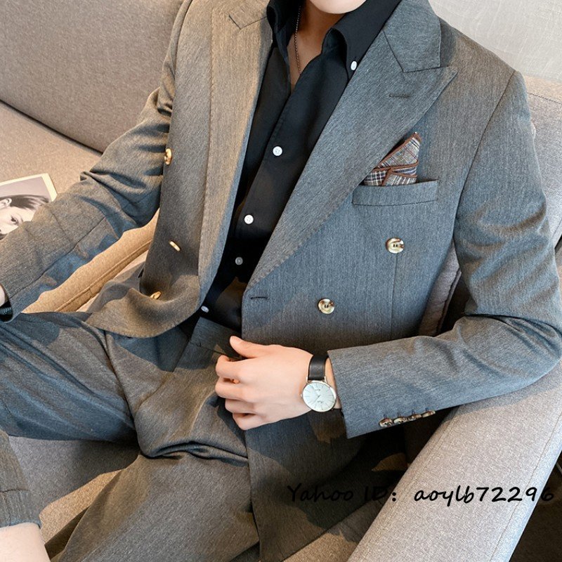 新品■スーツセット ビジネススーツ メンズ ダブルスーツ 上下セット シングルスーツ 高級 無地 スリム 二つボタン 紳士 結婚式 グレー M_画像4