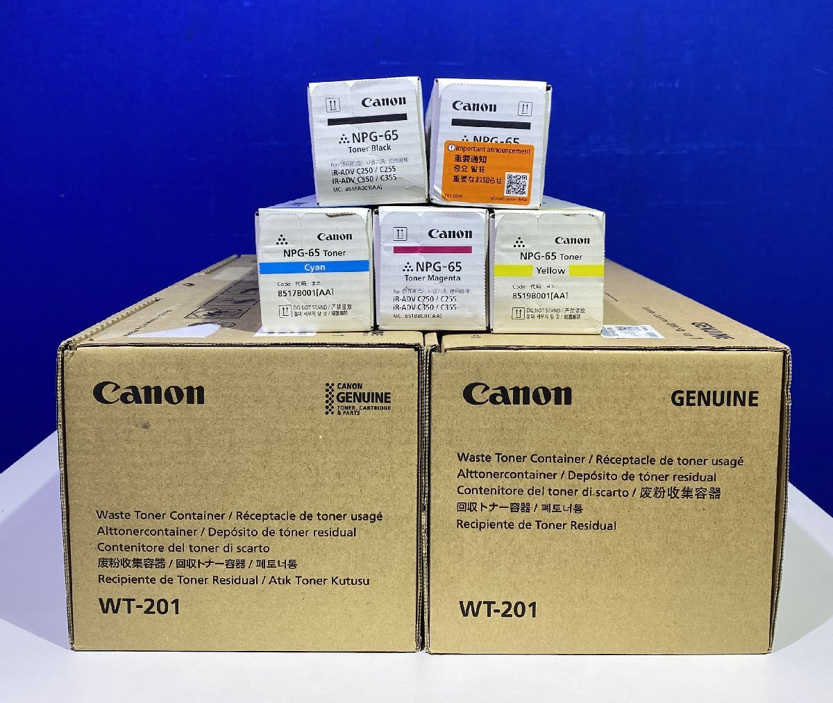 【越谷発】【CANON】純正未使用トナー NPG-65（K×2、C×1、M×1、Y×1) 合計５本セット ☆回収容器(WT201)２本付き（35785）_画像3