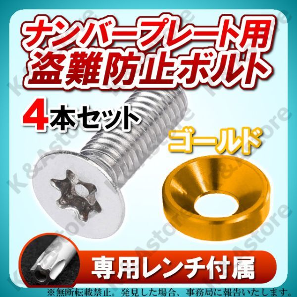 【全長25㎜ロングボルトに変更】ナンバープレートボルト ゴールド 4本 盗難防止 ステンレス トルクスネジ アルミ ワッシャー カラー_画像1