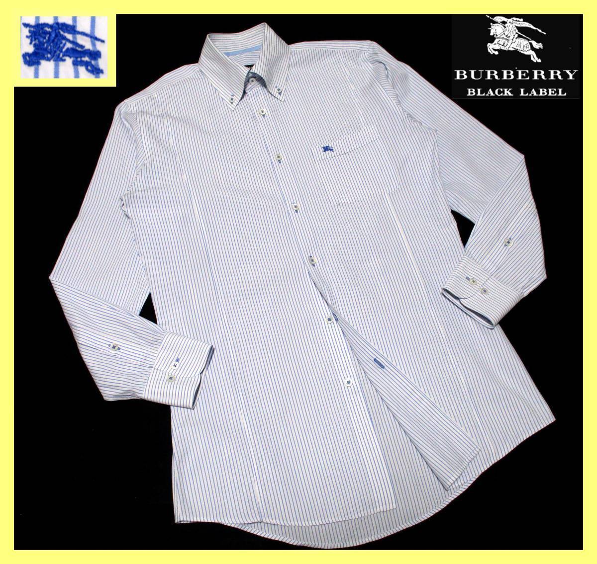 大人気サイズ L～LL(41) 美品 バーバリーブラックレーベル ホース刺繍 襟内ライトブルーラインデザイン ストライプ総柄 ボタンダウンシャツ