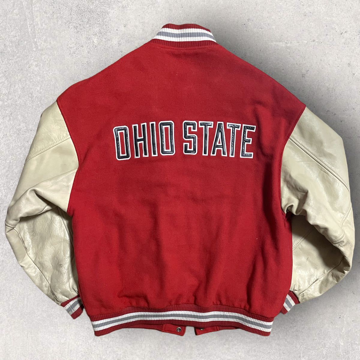 NIKE ナイキ 1990s カナダ製 スタジャン アームレザー リブライン ロゴ刺繍 OHIO STATE バックロゴ XL ビッグサイズ  キルティングライナー