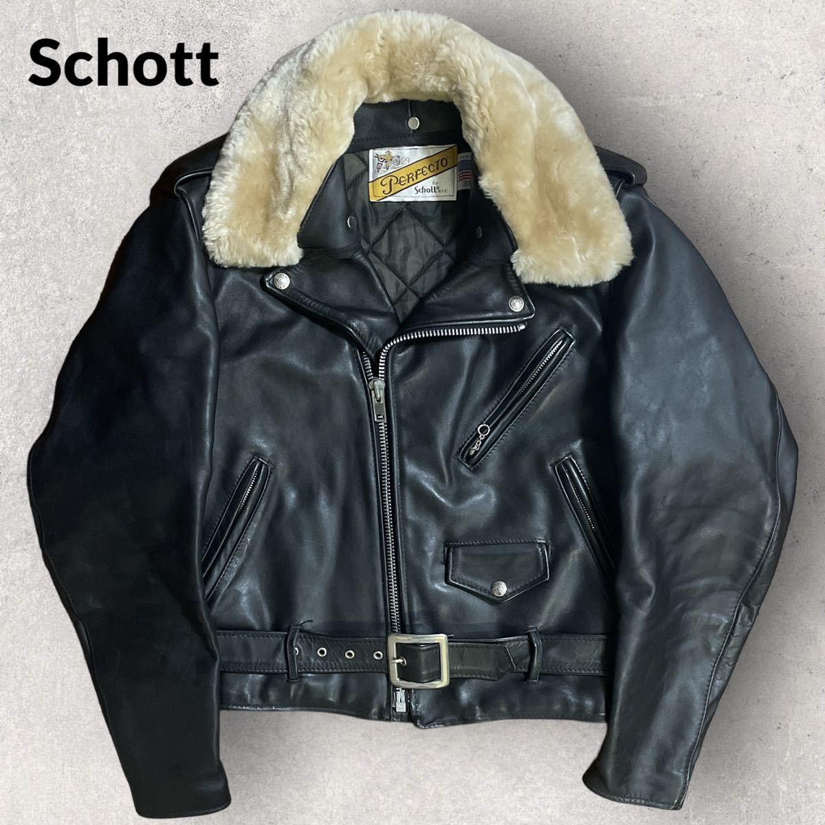 Schott ショット USA製 Lot.618 襟ボア付 ダブルライダースジャケット バイカータグ後期 サイズ38 ブラック 本革 ステアハイド_画像1