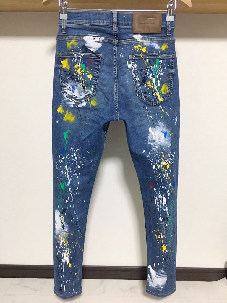 伸縮性最高 春夏 ペイント ZARA MAN ウルトラ ストレッチ 送料230円 38 30 ダメージ デニム スキニー メンズ パンツ ジーンズ ネイビー_画像5