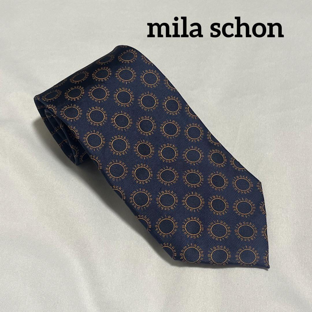 mila schon ミラショーン　シルクネクタイ　総柄　ネイビー系　ビジネス　メンズ　中古　古着　小物_画像1