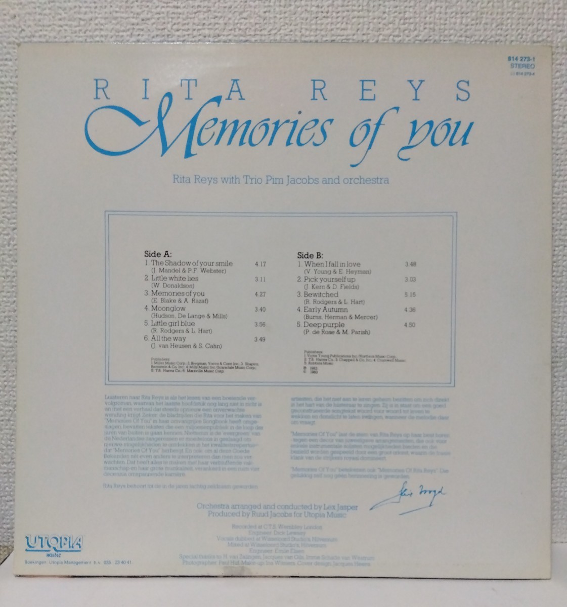 [LP]Rita Reys with Trio Jacobs and orchestra【Memories of you】UTOPIA(814 273-1) 1983 オランダ 蘭盤_画像4