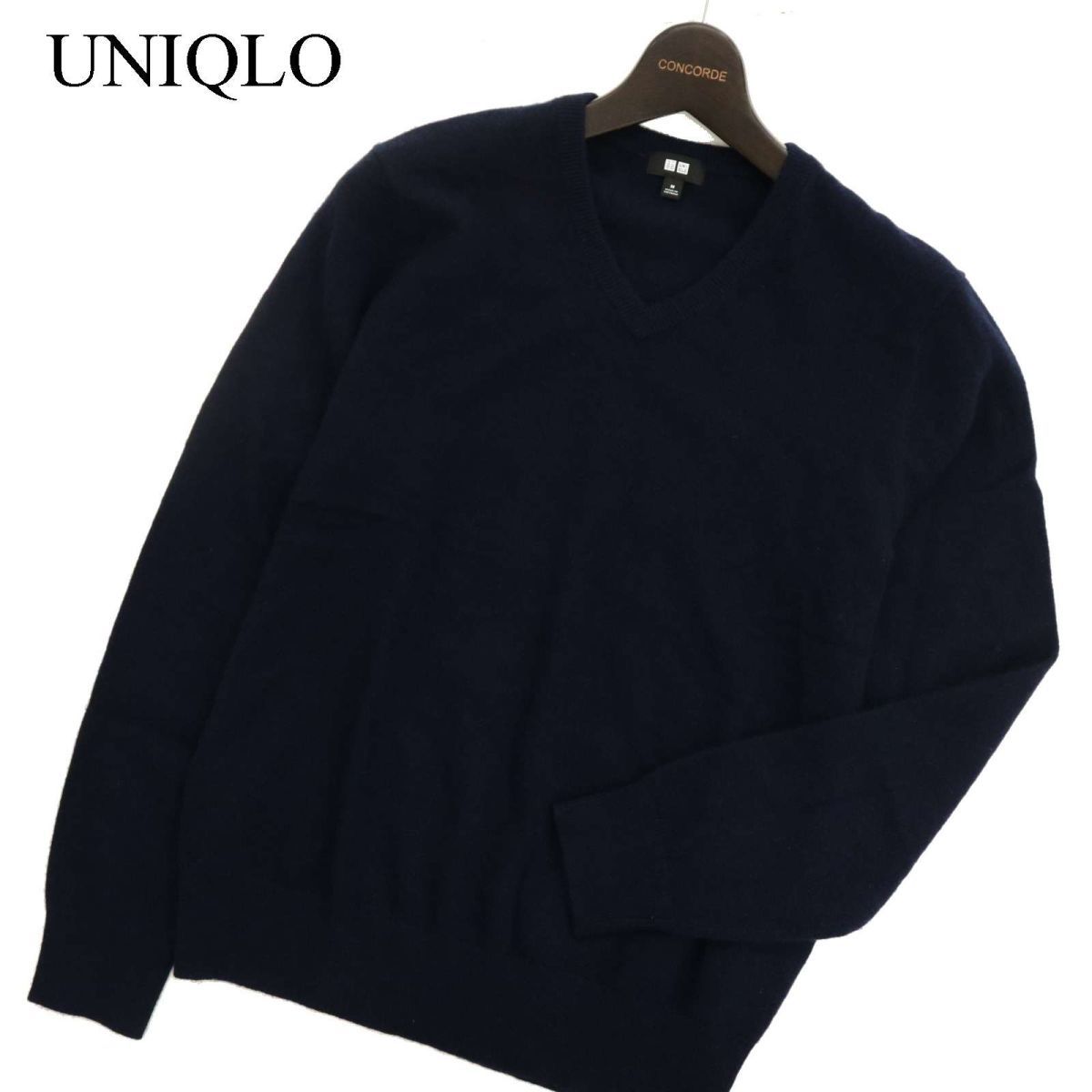 UNIQLO ユニクロ 秋冬 高級!! カシミヤ100％★ Vネック ニット セーター Sz.M　メンズ ネイビー　C3T09572_A#K_画像1