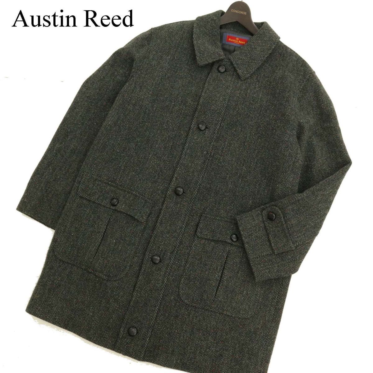 Austin Reed オースチンリード 秋冬 フルジップ ヘリンボーン柄 ハリスツイード ステンカラー コート Sz.LL　メンズ 大きい　C3T10441_B#N_画像1