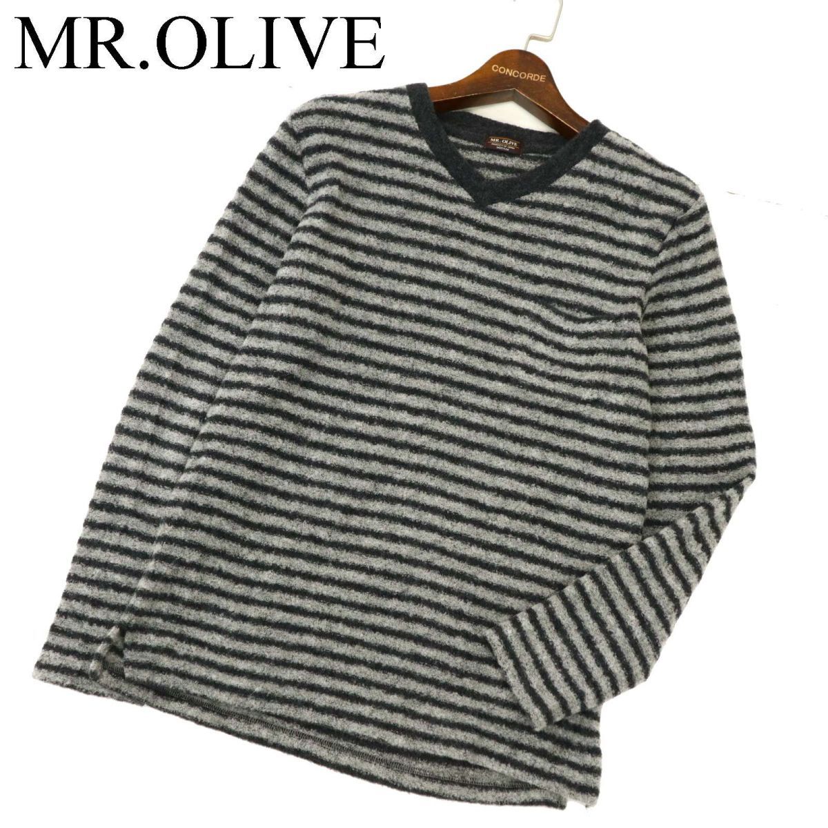 MR.OLIVE ミスターオリーブ 秋冬 長袖 ウール★ ボーダー ニット ポケット カットソー ロンTシャツ Sz.M　メンズ グレー　C3T10409_B#K_画像1