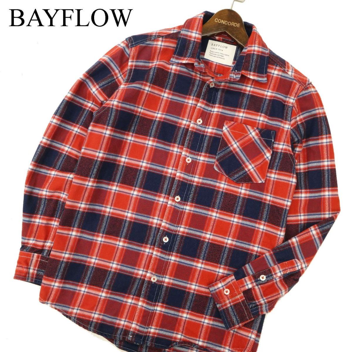 BAYFLOW ベイフロー 秋冬 長袖 チェック★ ネル シャツ Sz.2　メンズ ネイビー × 赤 × 白　C3T10006_B#B_画像1