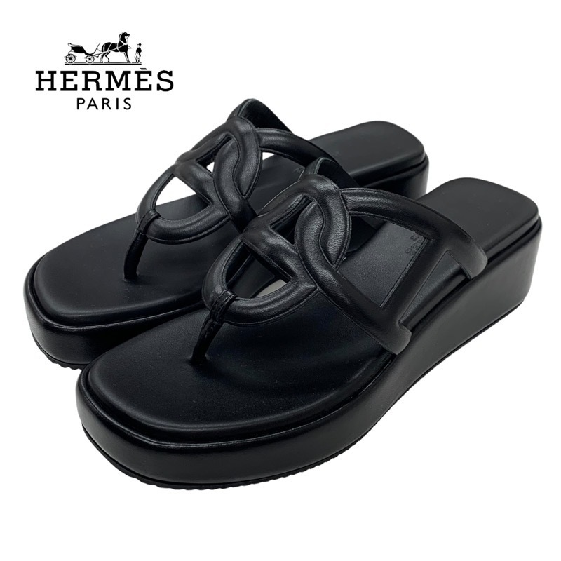エルメス HERMES ジプシー サンダル 靴 シューズ レザー ブラック 黒 未使用 トングサンダル ミュール シェーヌダンクル プラットフォーム