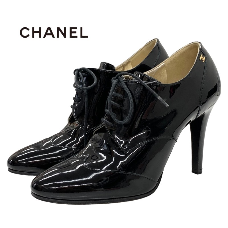シャネル CHANEL ブーツ ショートブーツ 靴 シューズ パテント ブラック 黒 ブーティ レースアップシューズ ココマーク
