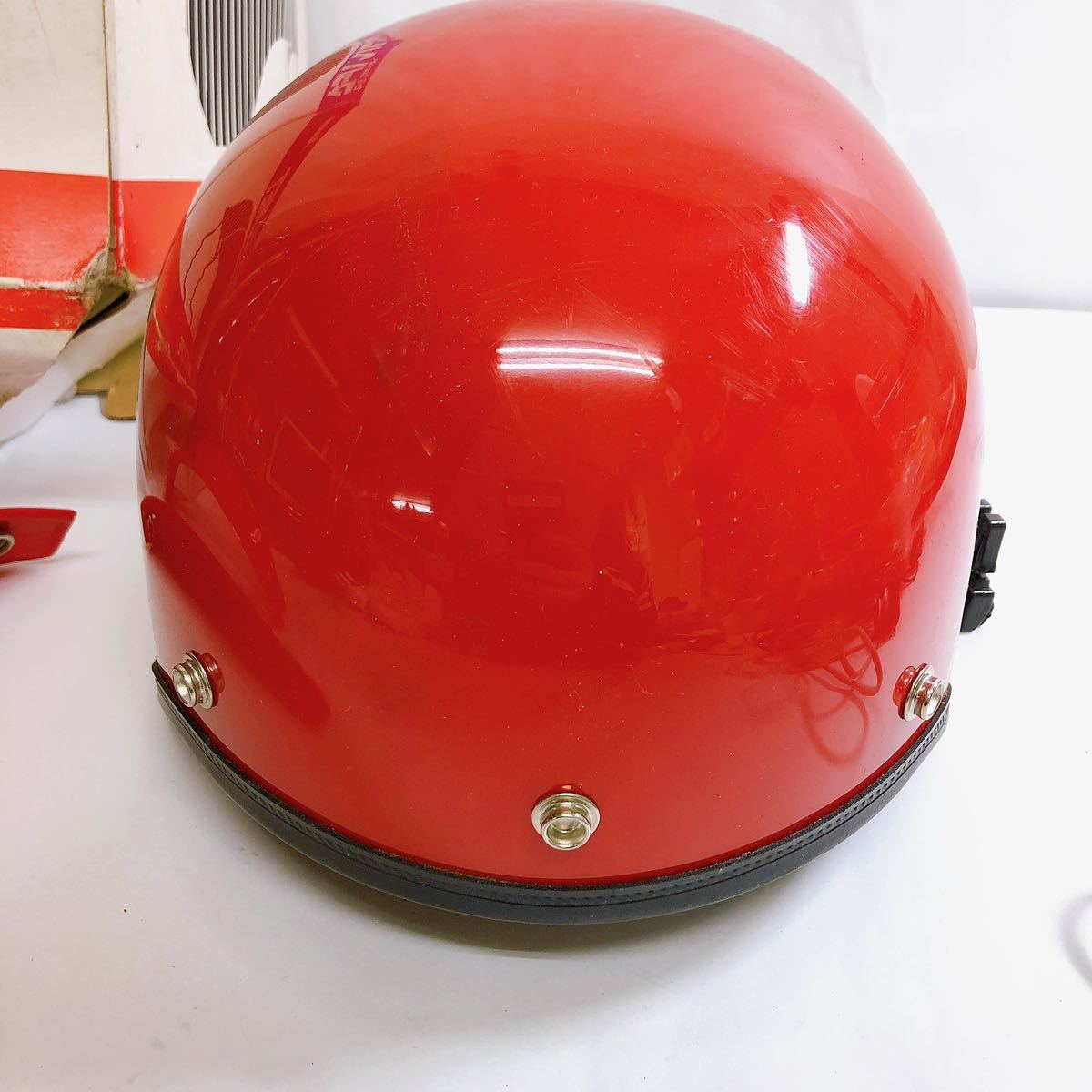 当時もの MACH HELMET マッハヘルメット 半ヘル 半帽 ヴィンテージ セミジェットタイプ フリーサイズ 赤 箱付き_画像3